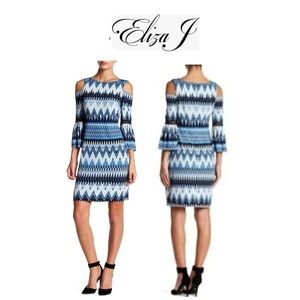 Eliza J Elegant Chic Cold Shoulder Blue and White Geometric Print Dress 14